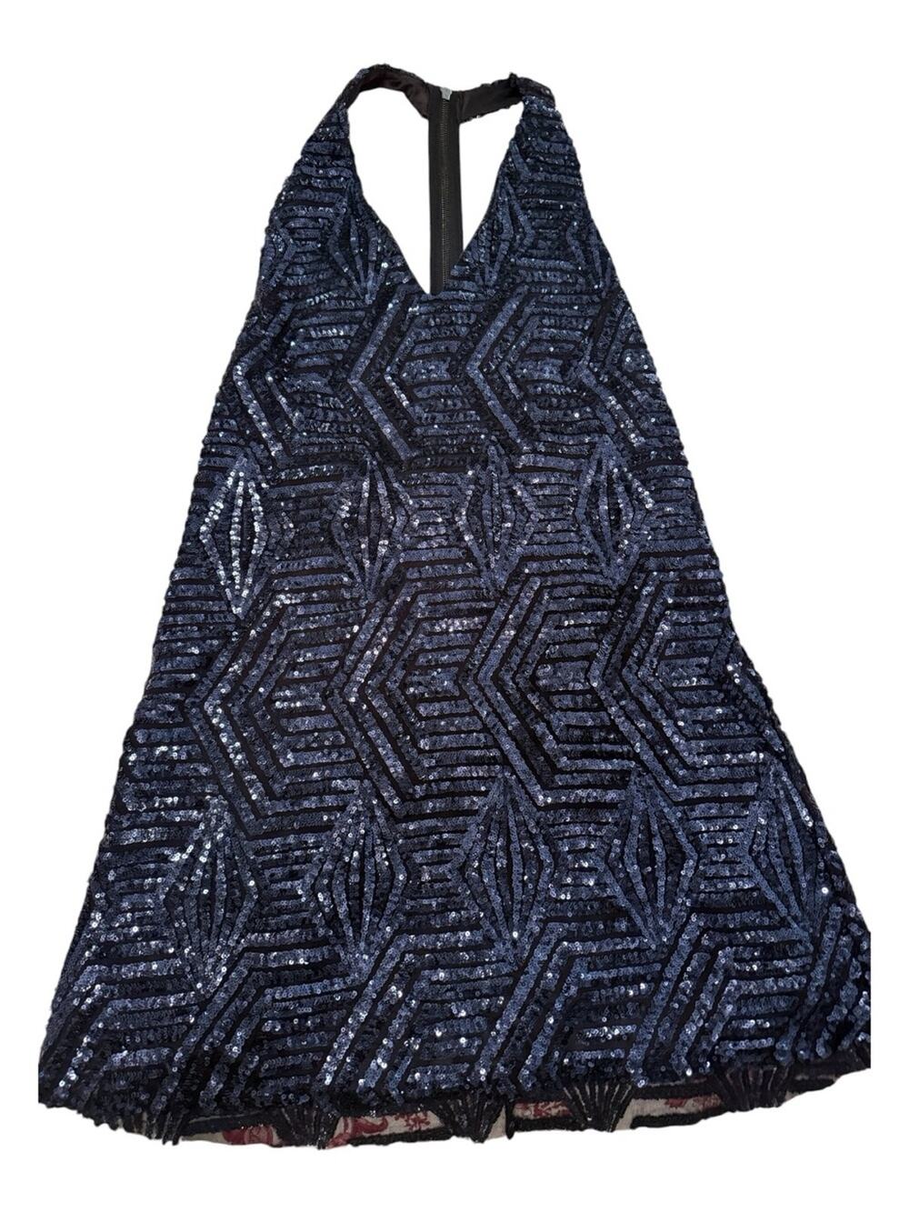 Art Deco Sequin Halter Mini Dress Geometric Blue Black Glam Club NYE Size 8 / 10